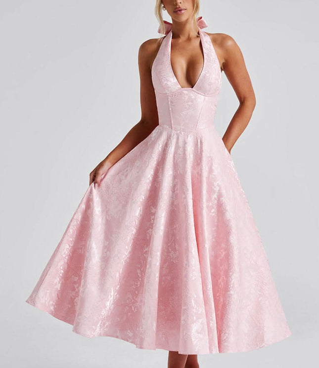 Women's Midi Dress with a Halter Neck and Full Skirt