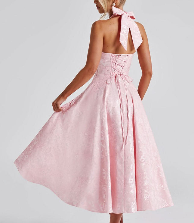 Women's Midi Dress with a Halter Neck and Full Skirt