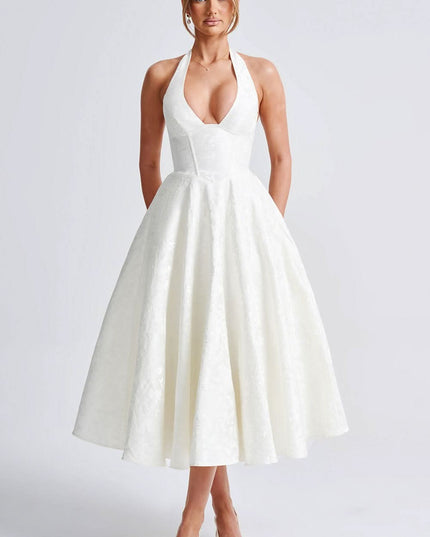 Women's Midi Dress with a Halter Neck and Full Skirt