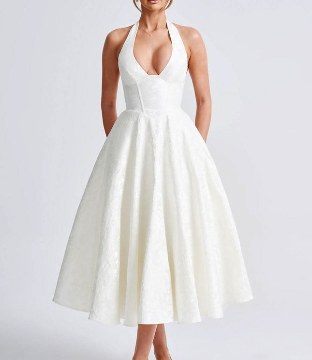 Women's Midi Dress with a Halter Neck and Full Skirt