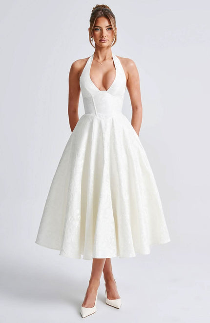 Women's Midi Dress with a Halter Neck and Full Skirt