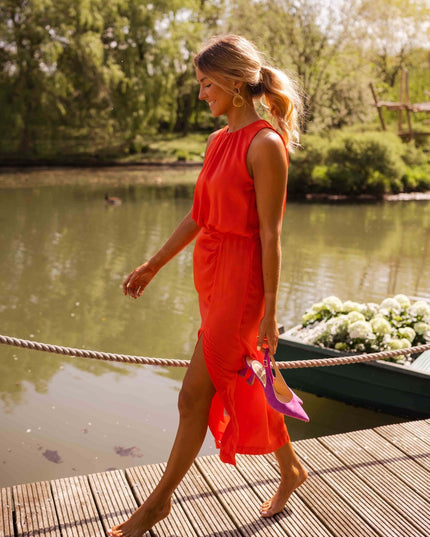 Women's Midi Dress with a Halter Neckline and a Front Slit