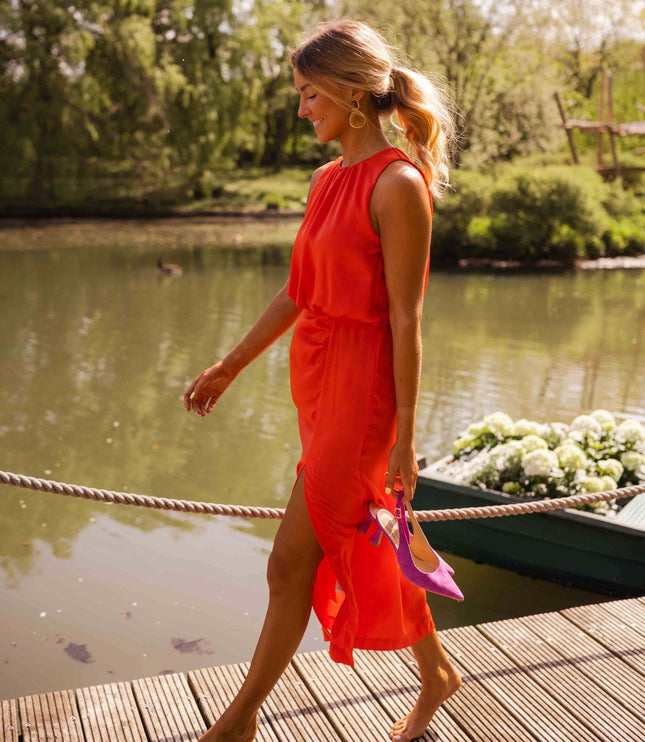 Women's Midi Dress with a Halter Neckline and a Front Slit