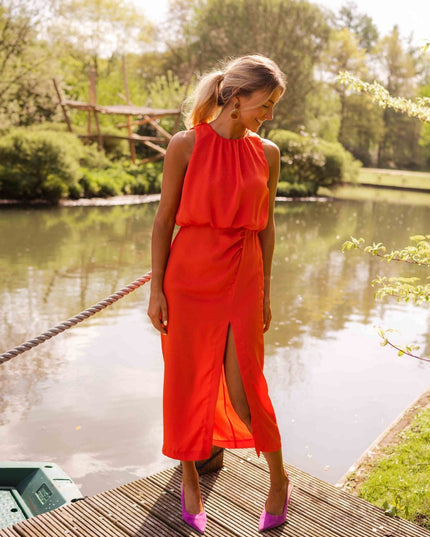 Women's Midi Dress with a Halter Neckline and a Front Slit