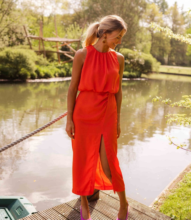 Women's Midi Dress with a Halter Neckline and a Front Slit