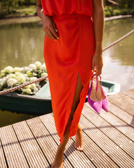 Women's Midi Dress with a Halter Neckline and a Front Slit