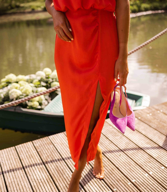 Women's Midi Dress with a Halter Neckline and a Front Slit