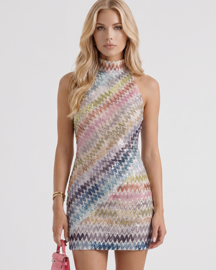 Women's Mini Dress in a Zigzag Knit with a High Neck