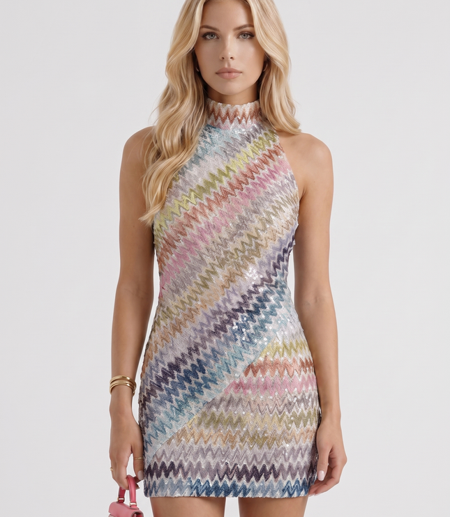 Women's Mini Dress in a Zigzag Knit with a High Neck