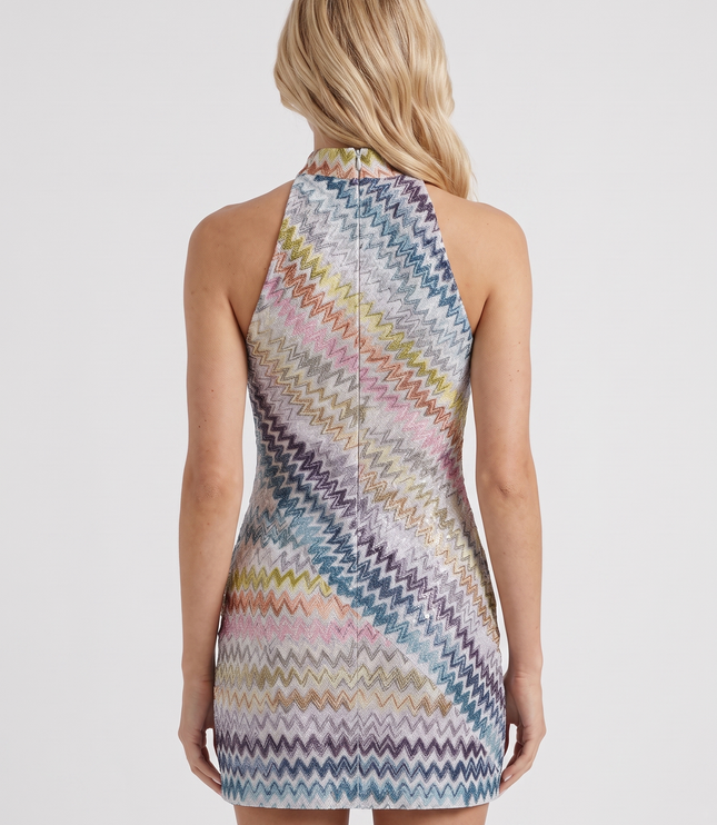 Women's Mini Dress in a Zigzag Knit with a High Neck