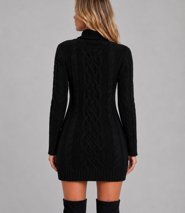 Women's Mini Dress in Cable Knit with a Cozy Turtleneck