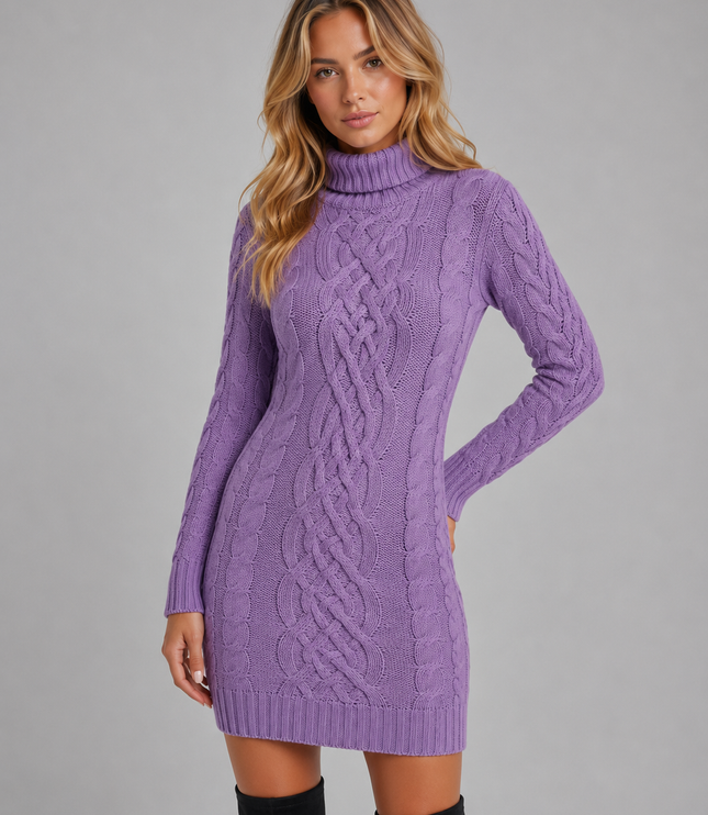 Women's Mini Dress in Cable Knit with a Cozy Turtleneck