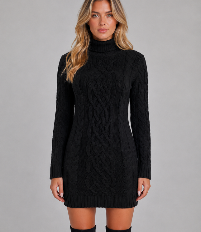 Women's Mini Dress in Cable Knit with a Cozy Turtleneck