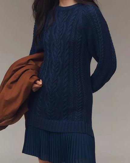 Women's Mini Dress in Cable Knit with a Pleated Chiffon Flounce