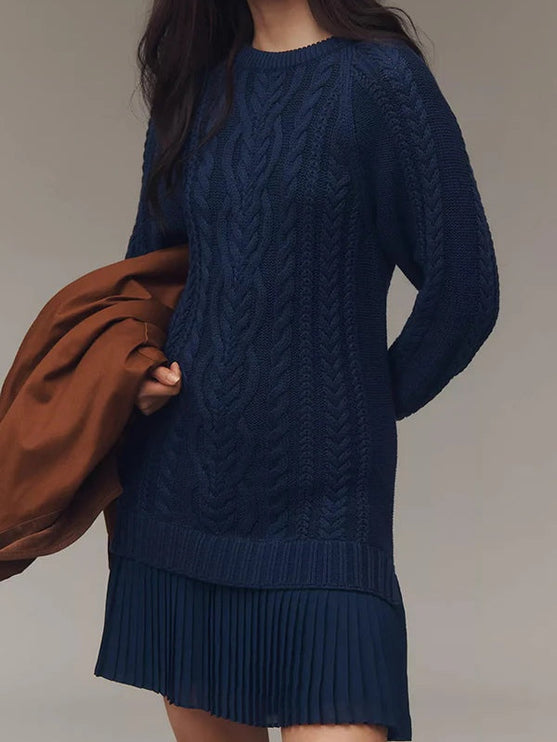 Women's Mini Dress in Cable Knit with a Pleated Chiffon Flounce