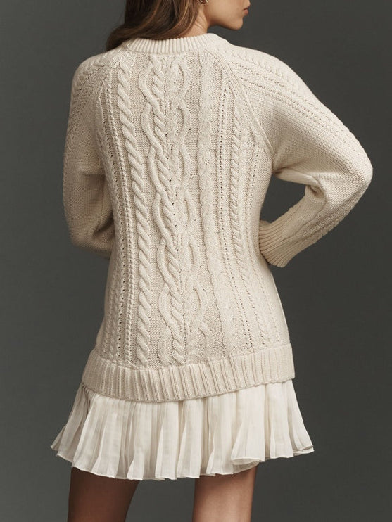 Women's Mini Dress in Cable Knit with a Pleated Chiffon Flounce
