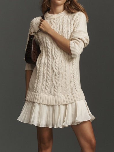Women's Mini Dress in Cable Knit with a Pleated Chiffon Flounce