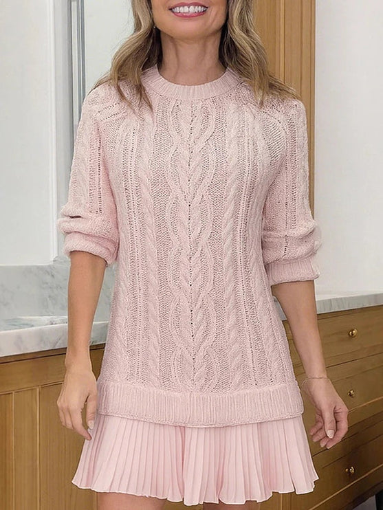 Women's Mini Dress in Cable Knit with a Pleated Chiffon Flounce