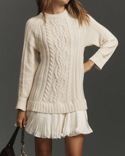 Women's Mini Dress in Cable Knit with a Pleated Chiffon Flounce