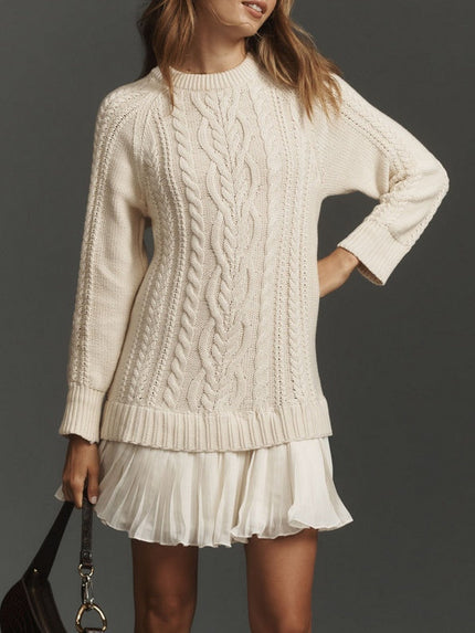 Women's Mini Dress in Cable Knit with a Pleated Chiffon Flounce