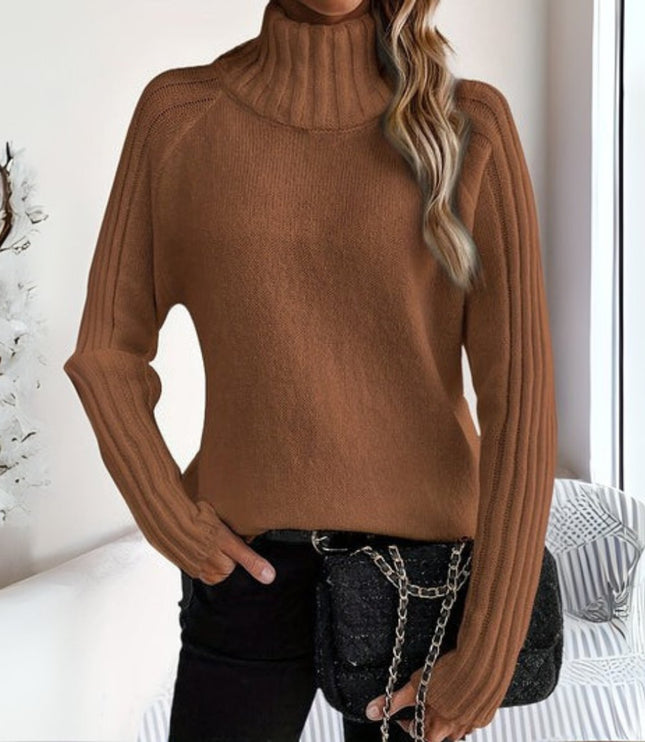 Women's Mock Neck Long Sleeve Ribbed Trim Knit Sweater