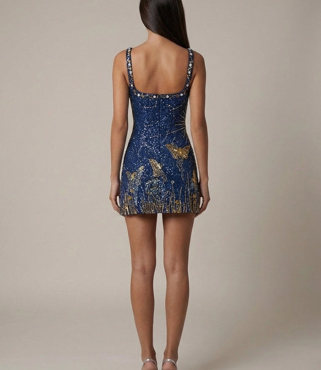 Women's Navy Sequin Square Neck Homecoming Mini Dress