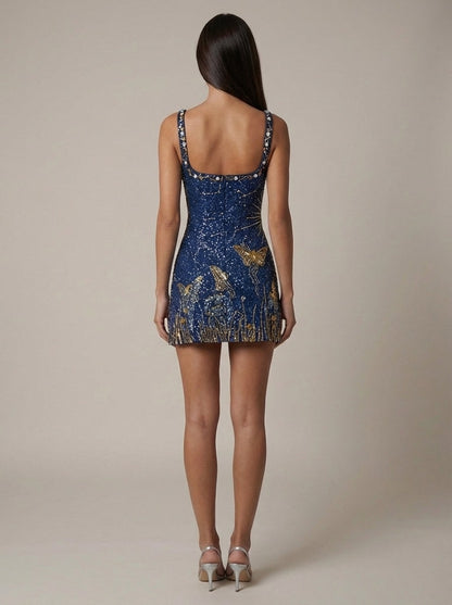 Women's Navy Sequin Square Neck Homecoming Mini Dress