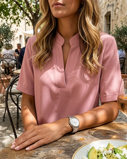 Women's Notch V-Neck Short Sleeve Relaxed Fit Blouse