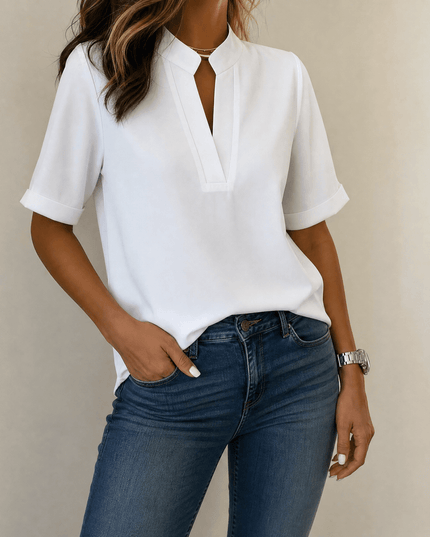 Women's Notch V-Neck Short Sleeve Relaxed Fit Blouse