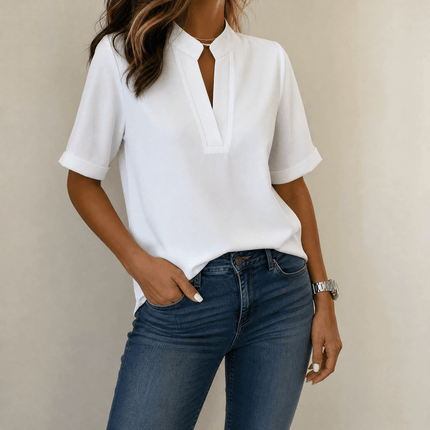 Women's Notch V-Neck Short Sleeve Relaxed Fit Blouse