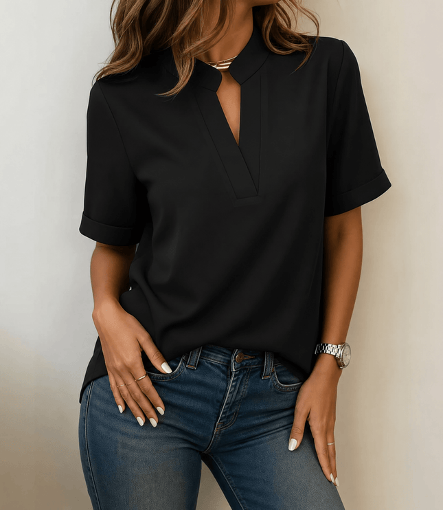 Women's Notch V-Neck Short Sleeve Relaxed Fit Blouse