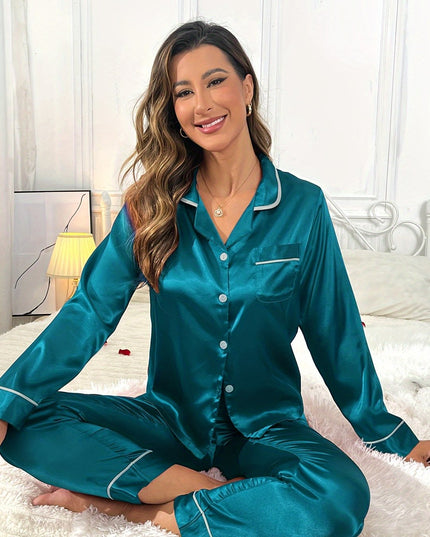 Women's Notched Collar Pajama Set with a Satin Finish
