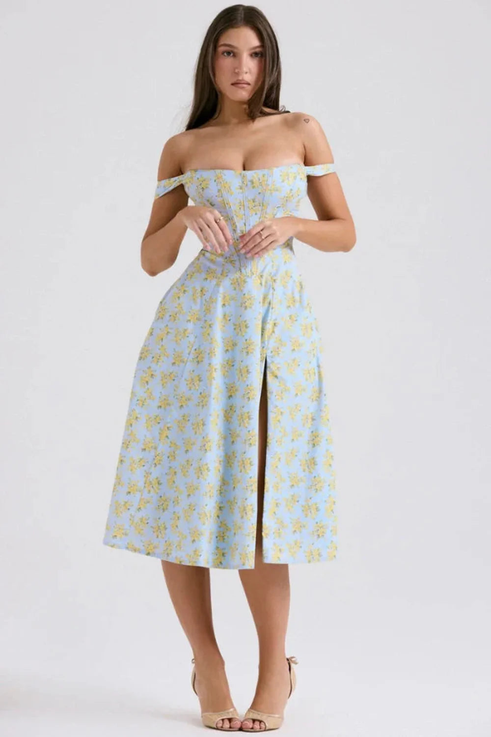 Women's Off Shoulder Corset Floral Midi Dress with Slit - Light Blue / S - Fashion