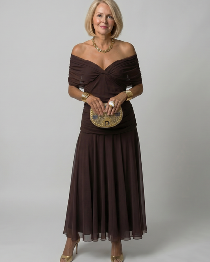 Women's Off-Shoulder Floral Mesh Midi Party Dress