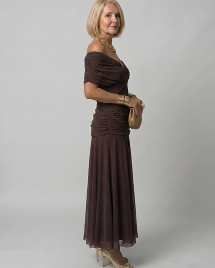 Women's Off-Shoulder Floral Mesh Midi Party Dress