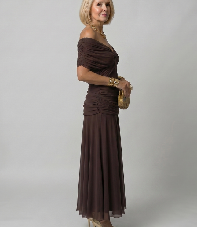 Women's Off-Shoulder Floral Mesh Midi Party Dress