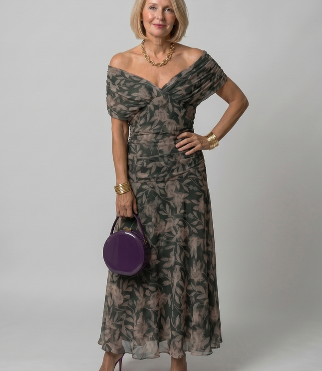 Women's Off-Shoulder Floral Mesh Midi Party Dress