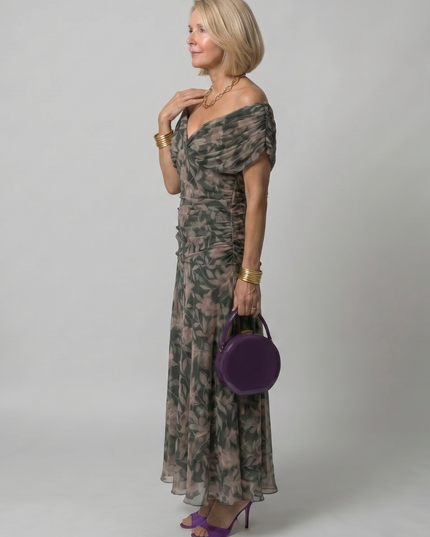 Women's Off-Shoulder Floral Mesh Midi Party Dress