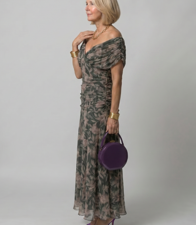 Women's Off-Shoulder Floral Mesh Midi Party Dress
