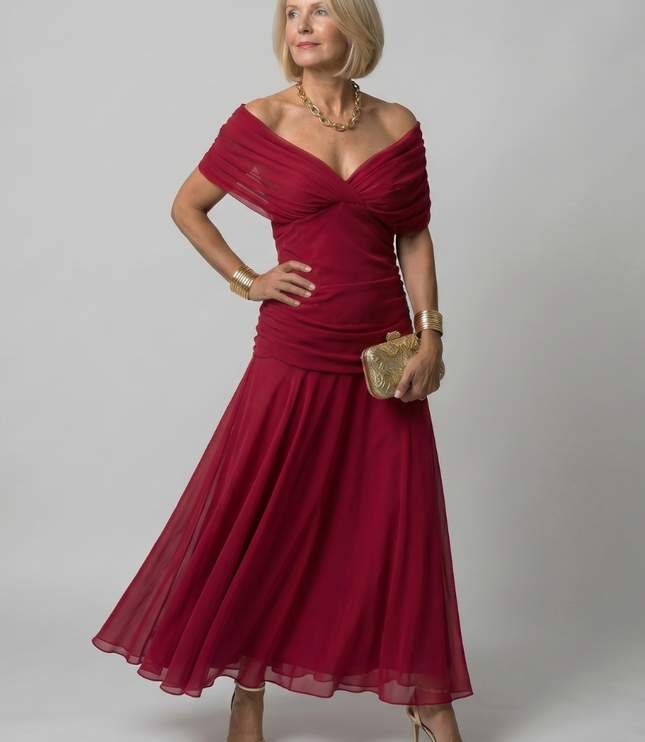 Women's Off-Shoulder Floral Mesh Midi Party Dress