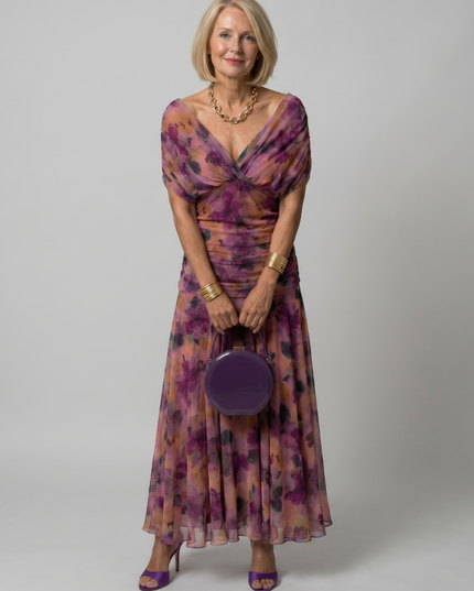 Women's Off-Shoulder Floral Mesh Midi Party Dress