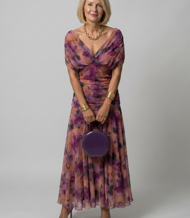 Women's Off-Shoulder Floral Mesh Midi Party Dress