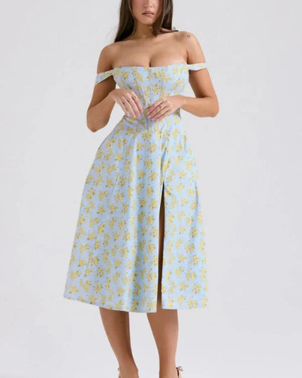Front view of a floral off shoulder midi dress with structured top and center slit