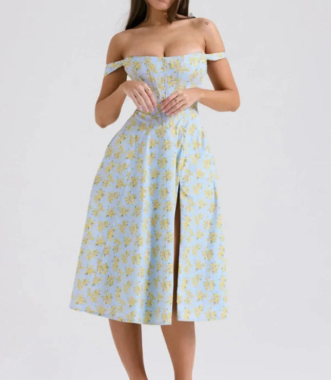Front view of a floral off shoulder midi dress with structured top and center slit