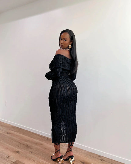 Black off shoulder long sleeve midi dress with textured ribbed detail and front slit