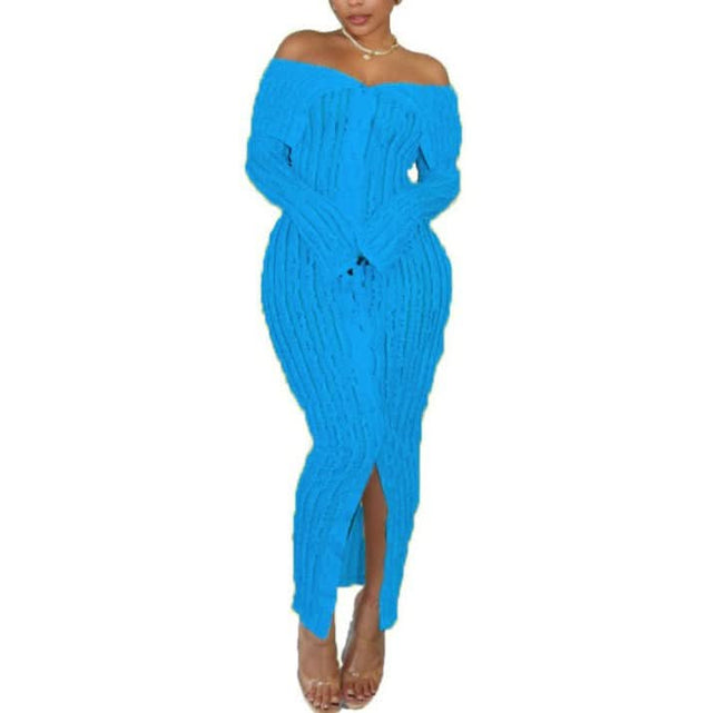 pink off shoulder long sleeve midi dress with front slit and textured fabric