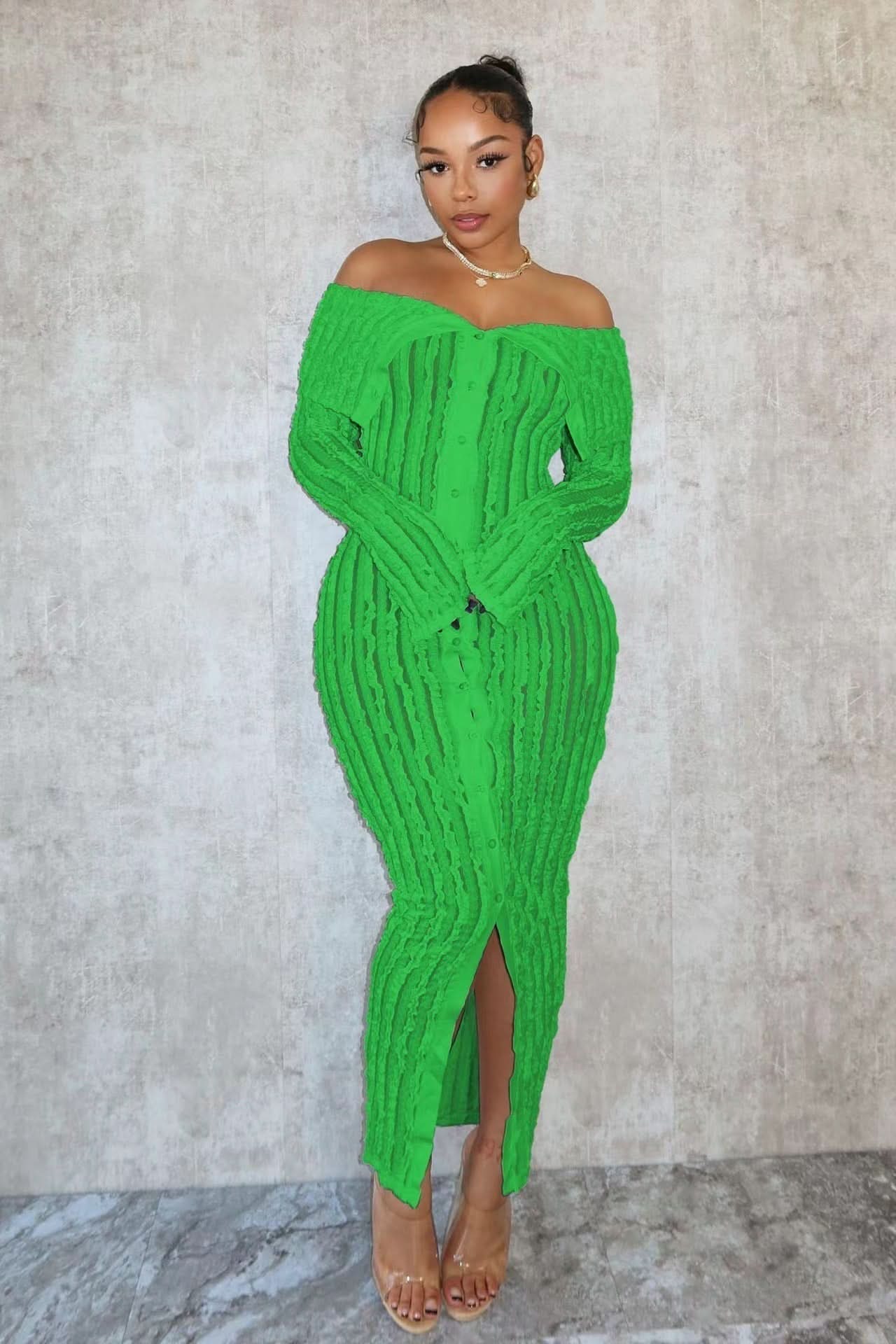 Green off shoulder midi dress with long sleeves, ribbed texture and front slit