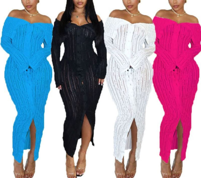Color variety view of off shoulder long sleeve midi dress in blue, black, white and pink