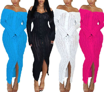 Color variety view of off shoulder long sleeve midi dress in blue, black, white and pink