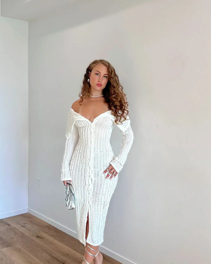 White off shoulder midi dress with long sleeves, ribbed texture and front slit